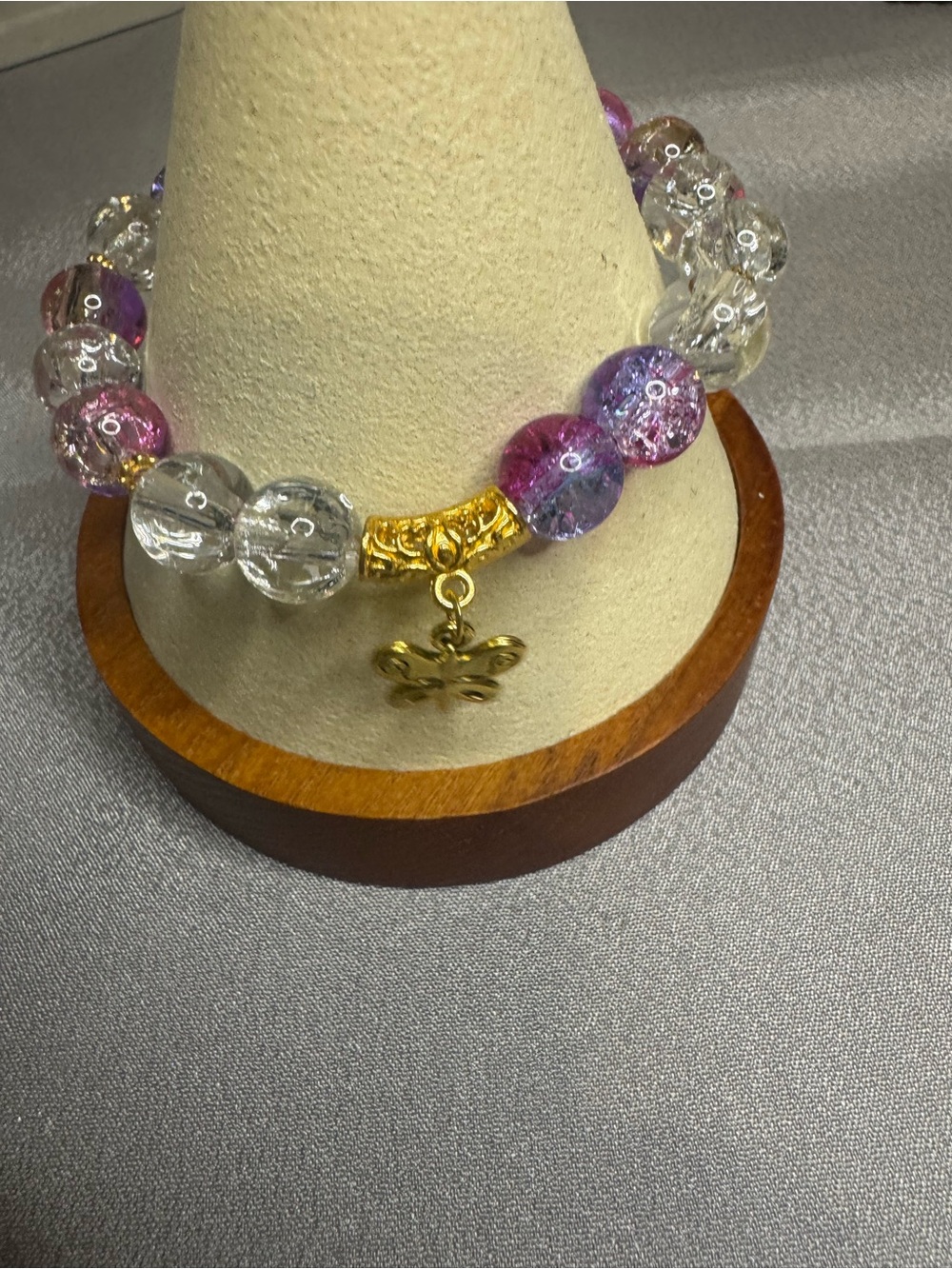 Handcrafted Pink & Clear Glass  Beaded Bracelet with Gold Butterfly Charm